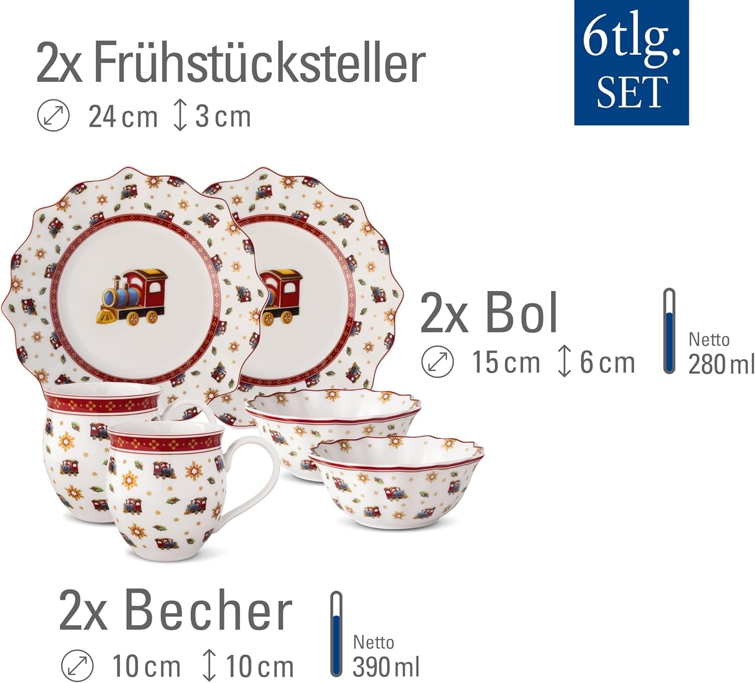 Villeroy & Boch - Toy's Delight Frühstücksset für 2, Lokomotiven-Design, 6-teilig, bunt, Weihnachten, Geschirrset mit Tellern, Tassen und Schüsseln zum Frühstück, Weihnachtsgeschirr, Premium-Porzellan