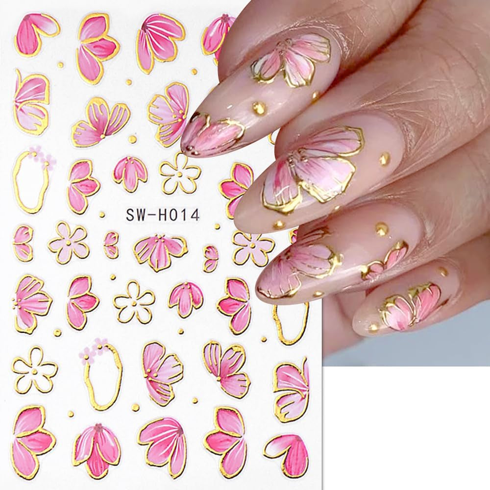 Gold Linie Schieber Rosa Nagelsticker Blumen 3D Flower Nail Sticker Sakura Blütenblätter Blumen Nagelaufkleber Frühling Sommer Floral Nagel Sticker Flowers Nagel Sticker Nageldesign Zubehör Nail Art