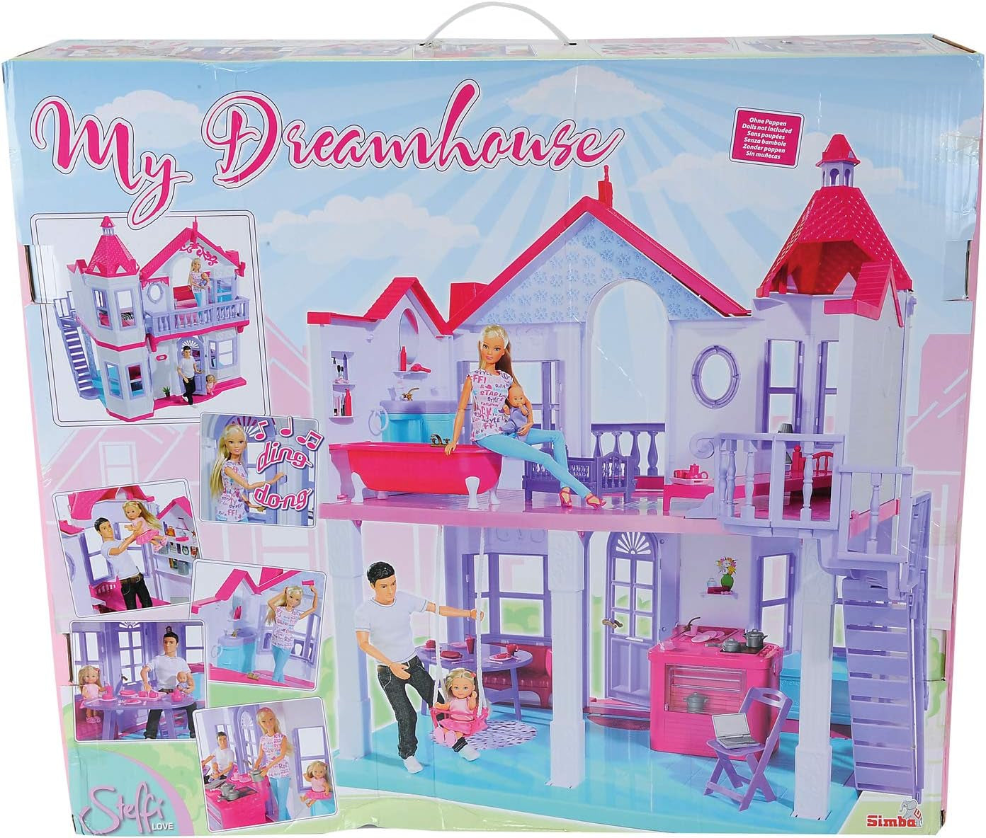 Simba 104661996 – Steffi Love Dreamhouse, großes Spielhaus, 4 Räume, KEINE PUPPEN, 84 cm hoch, zwei Etagen, funktionale Glocke, zusammenklappbar Naty Shop Puppenhäuser