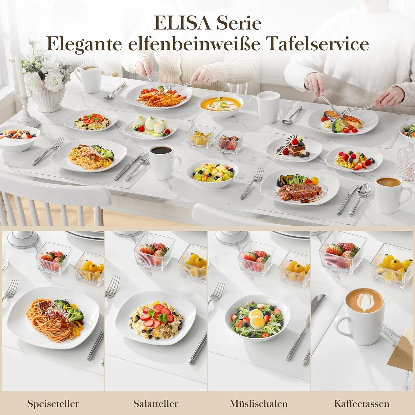 MALACASA Geschirrset für 4 Personen, 16-teiliges weißes Porzellangeschirr, modernes Geschirrset mit 4 Speisetellern, Desserttellern, Suma-Tellern und Tassen, Serie ELISA