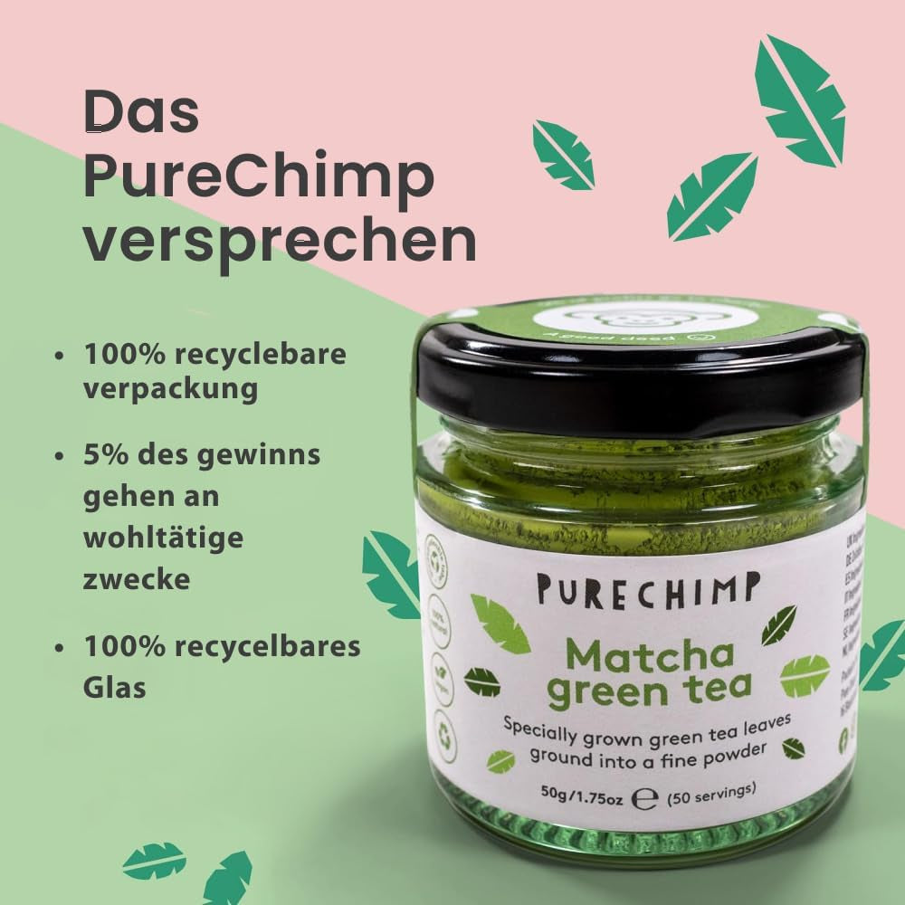 Purechimp Matcha-Pulver in zeremonieller Qualität, 50 g. 100 % reines, schattengewachsenes Teepulver für Latte, Aufgüsse und Rezepte. Recycelbares Glas. Reich an Antioxidantien.