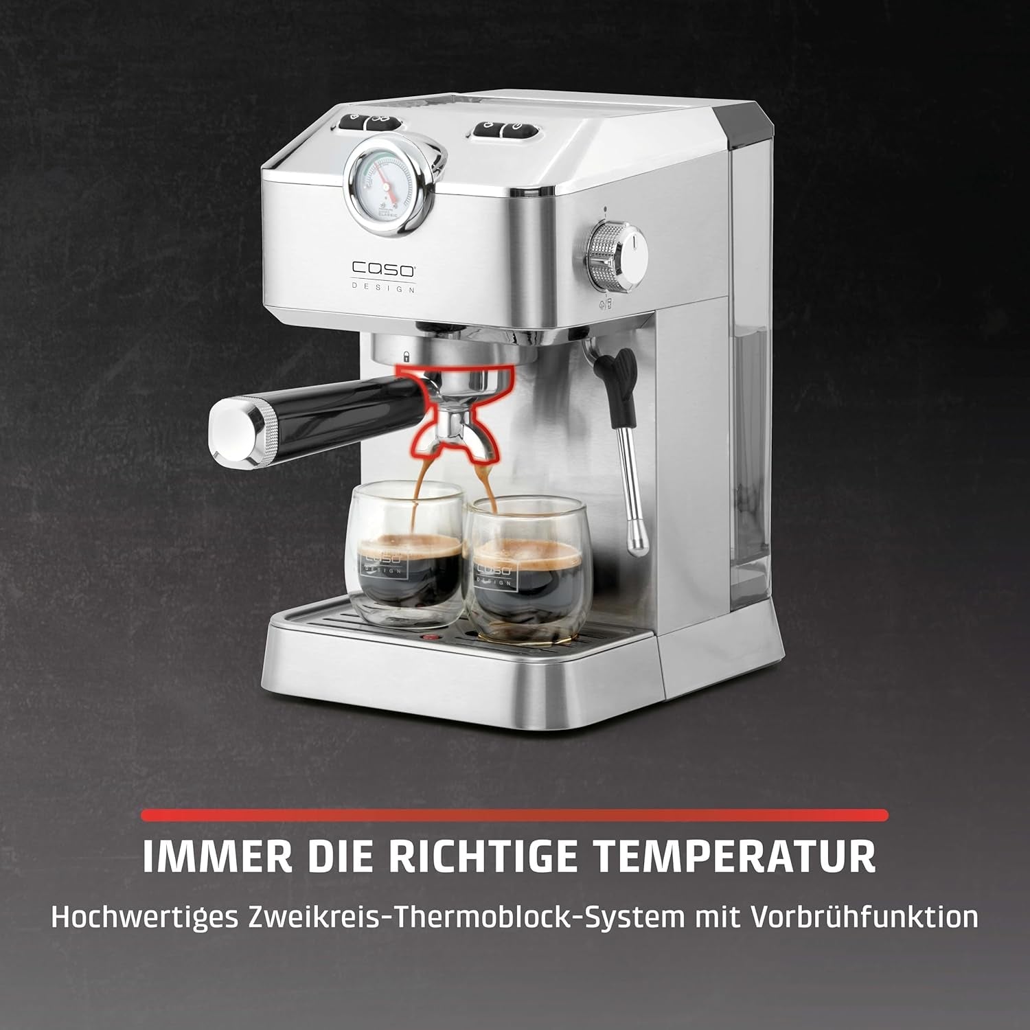 Caso Espresso Gourmet – Siebträger-Espressomaschine aus Edelstahl, leistungsstarke 19-bar-Ulka-Pumpe, mit Milchaufschäumer, für gemahlenen Kaffee oder ESE-Kaffeekapseln, für 2 Tassen, mit Tassenwärmer