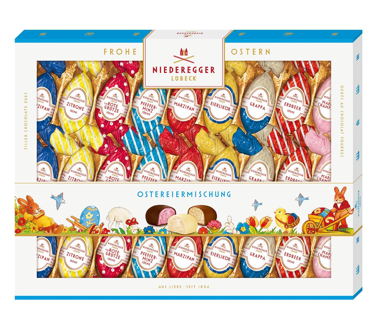 Niederegger | Ostereimischung | 1 x 337g | Ostereier mit verschiedenen Marzipan- und Pralinenfüllungen | Überzogen mit dunkler, Milch- und weißer Schokolade | Ostergeschenk