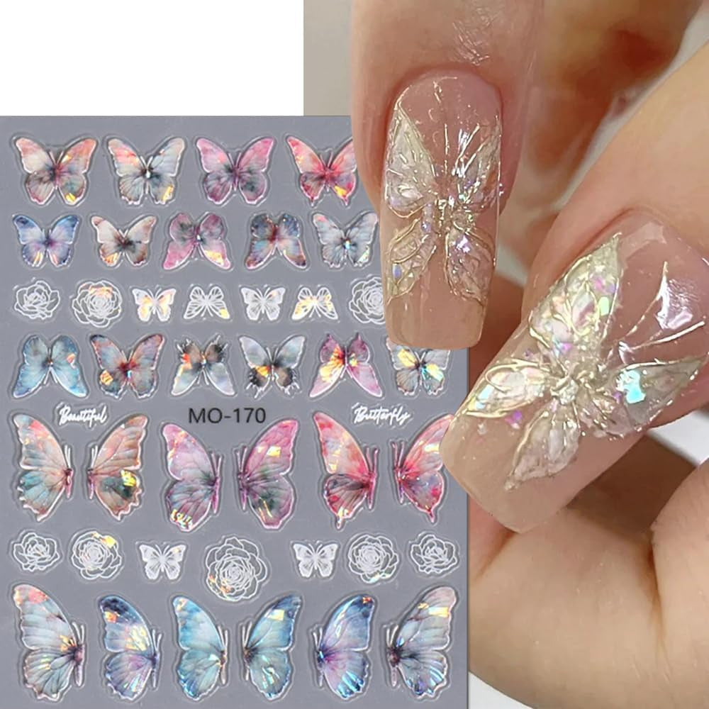 5D geprägte Schmetterlings-Nagelaufkleber, selbstklebende Schmetterlinge, Nageldekorationsaufkleber, Aurora-Schmetterling, Nagelkunstaufkleber, Nagelzubehör, Design, Schmetterlingsnagelaufkleber, Nagelkunstaufkleber