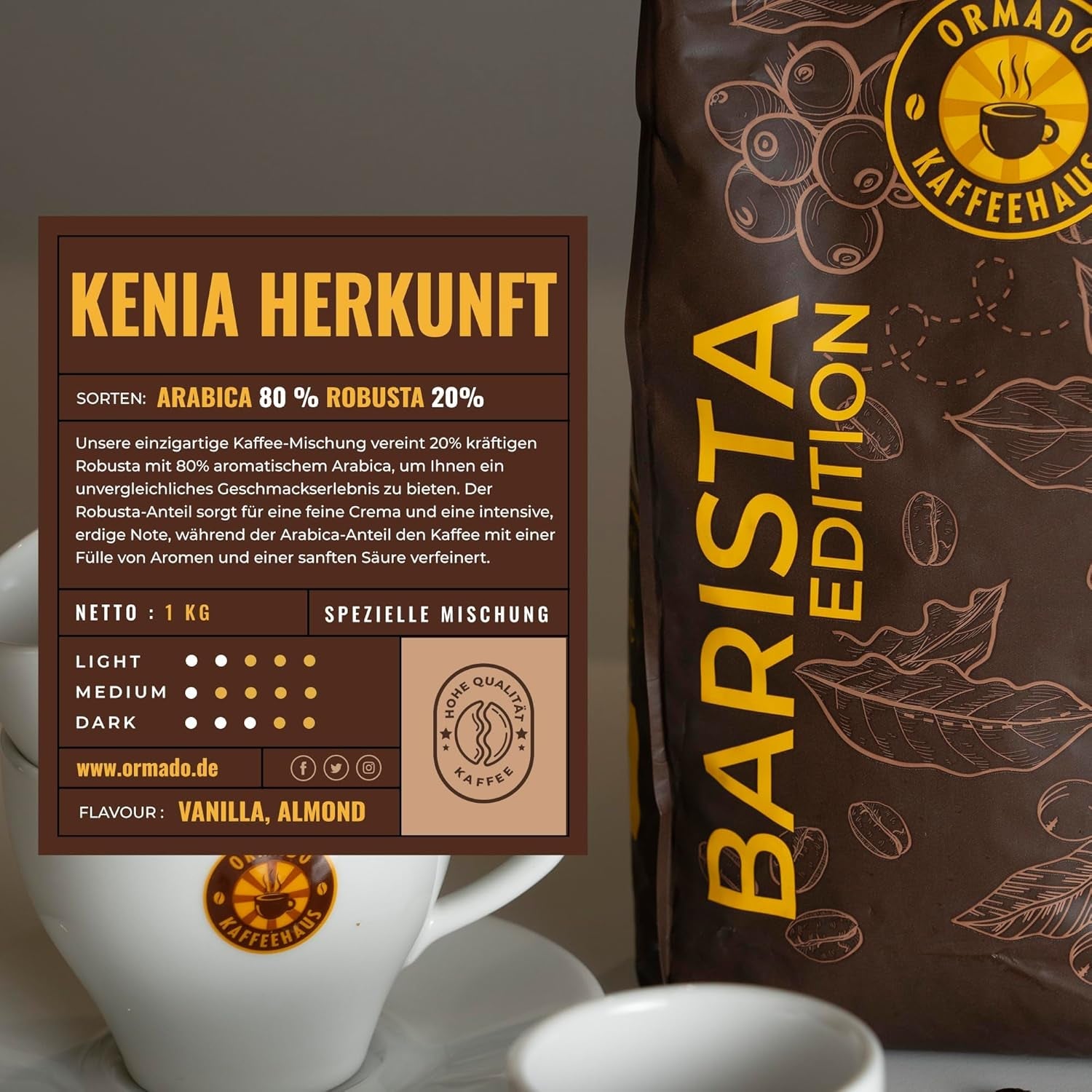 Ormado Coffee House, Kaffeekapseln, patentierte Kenia-Kaffeebohnen – Arabica- und Robusta-Mischung, ganze Kaffeebohnen für vollautomatische Kaffeemaschinen, geröstete Bohnen, Ganzkörperkaffee 1 kg, vollautomatisch