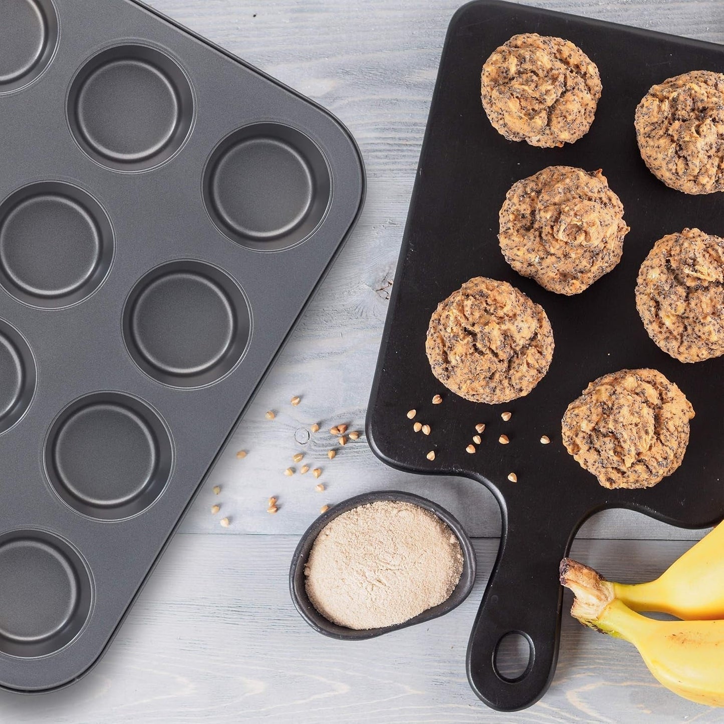Relaxdays Muffinform, 2Er Set, 12Er Muffinbleche, Antihaftbeschichte, Carbonstahl, Muffins & Cupcakes, Ø 6,5 cm, Weizen, 10030825 Formen und Bleche zum Backen Naty Shop