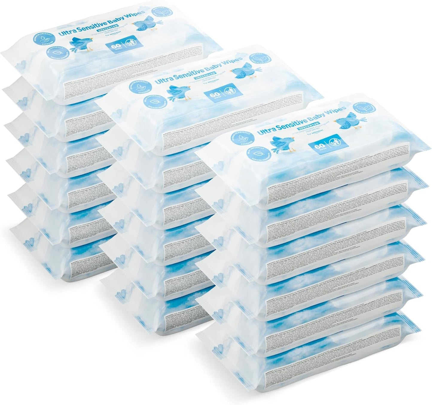 Amazon Ultra Sensitive Baby-Feuchttücher, 1080 Tücher, parfümfrei, 18er-Pack mit 60 Tüchern (ehemals Marke Amazon, identisches Produkt)