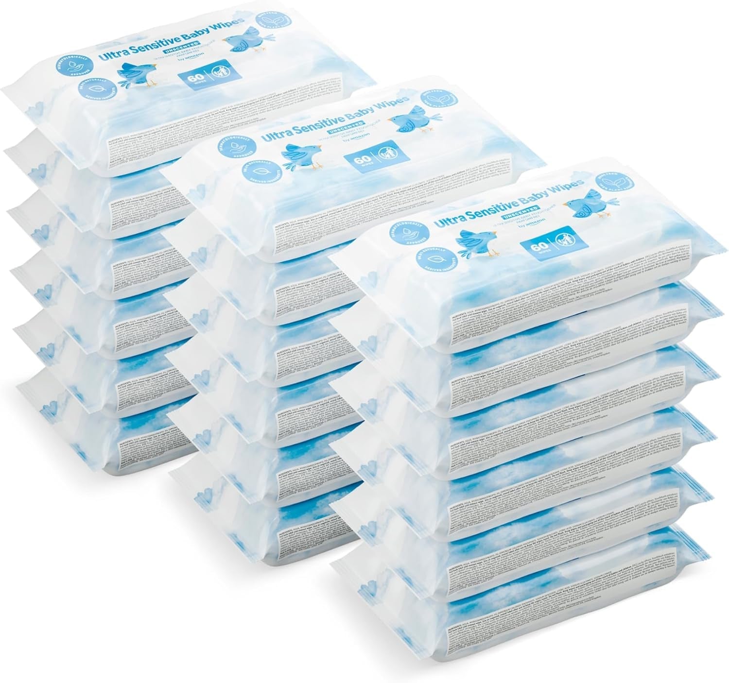 Amazon Ultra Sensitive Baby-Feuchttücher, 1080 Tücher, parfümfrei, 18er-Pack mit 60 Tüchern (ehemals Marke Amazon, identisches Produkt)