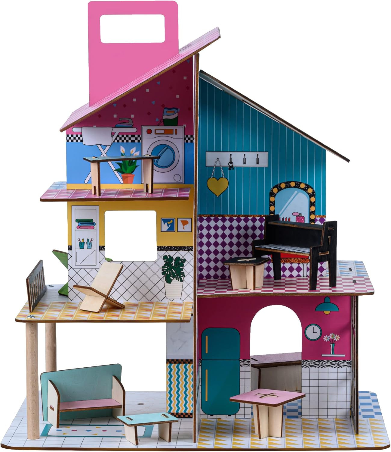 Olivia's Little World 360-Puppenhaus aus Holz für Kinder, 3,5-Zoll-Puppen und 12 Zubehörteile, mehrfarbig TD-13260C