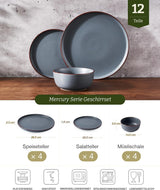 Mercury Geschirrset, 12-teiliges Geschirrset, 4-Personen-Steinzeug-Geschirrset mit Speisetellern, Desserttellern, Müslischalen, mikrowellen- und spülmaschinenfest, Anthrazit