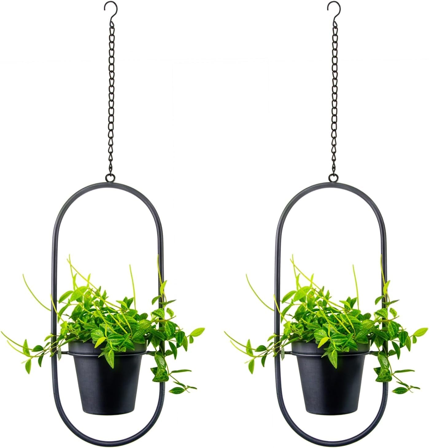 Hängende Blumentöpfe aus Metall, 2 Stück, schwarz, ovaler geometrischer Pflanzenaufhänger mit Töpfen, moderner Wand- und Deckenpflanzer für drinnen und draußen, 15,2 cm, Blumentöpfe 2 Stück
