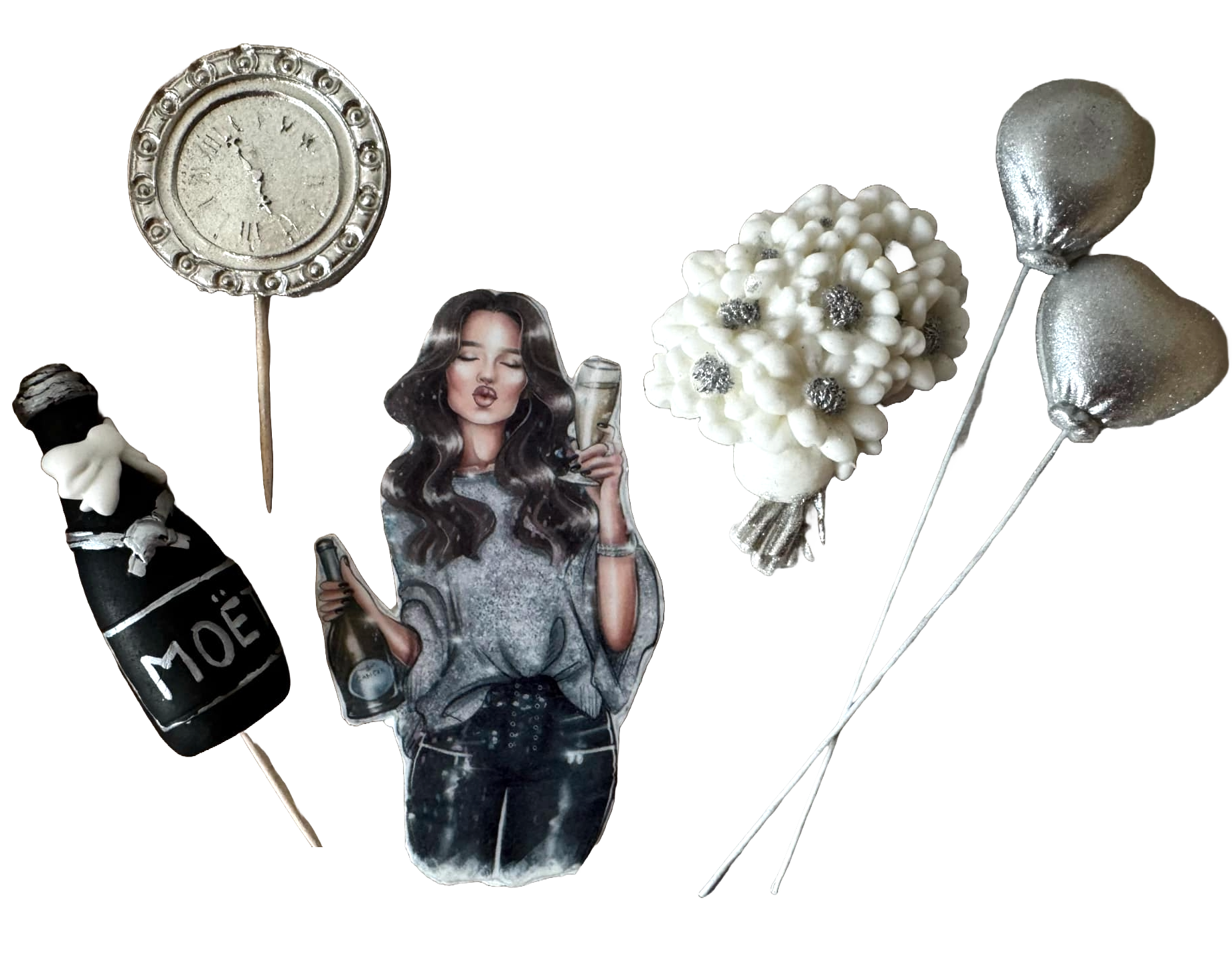 Set mit 6 essbaren Dekorationen aus Zuckerpaste, Schöne Dame, Partydekorationen von Naty Shop Zuckerpaste