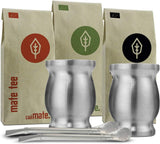 Mate Bio-Teeset ● 3 Mate-Sortimente + 2 doppelwandige Mate-Becher aus Edelstahl + 2 Bombillas + Zubereitungsanleitung (Schwarz)