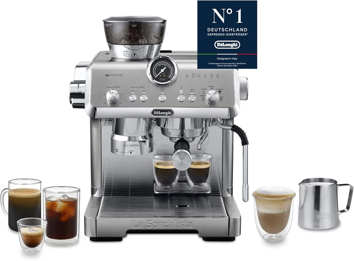 De'Longhi La Specialista Arte EC9155.MB Siebträger-Espressomaschine mit Mahlwerk, 8 Mahlgradeinstellungen, 15 bar Druck, 3 Temperatureinstellungen, Milchaufschäumer, 1550 W, 1,7 l Tank, Edelstahl/Schwarz, inklusive Barista-Kit