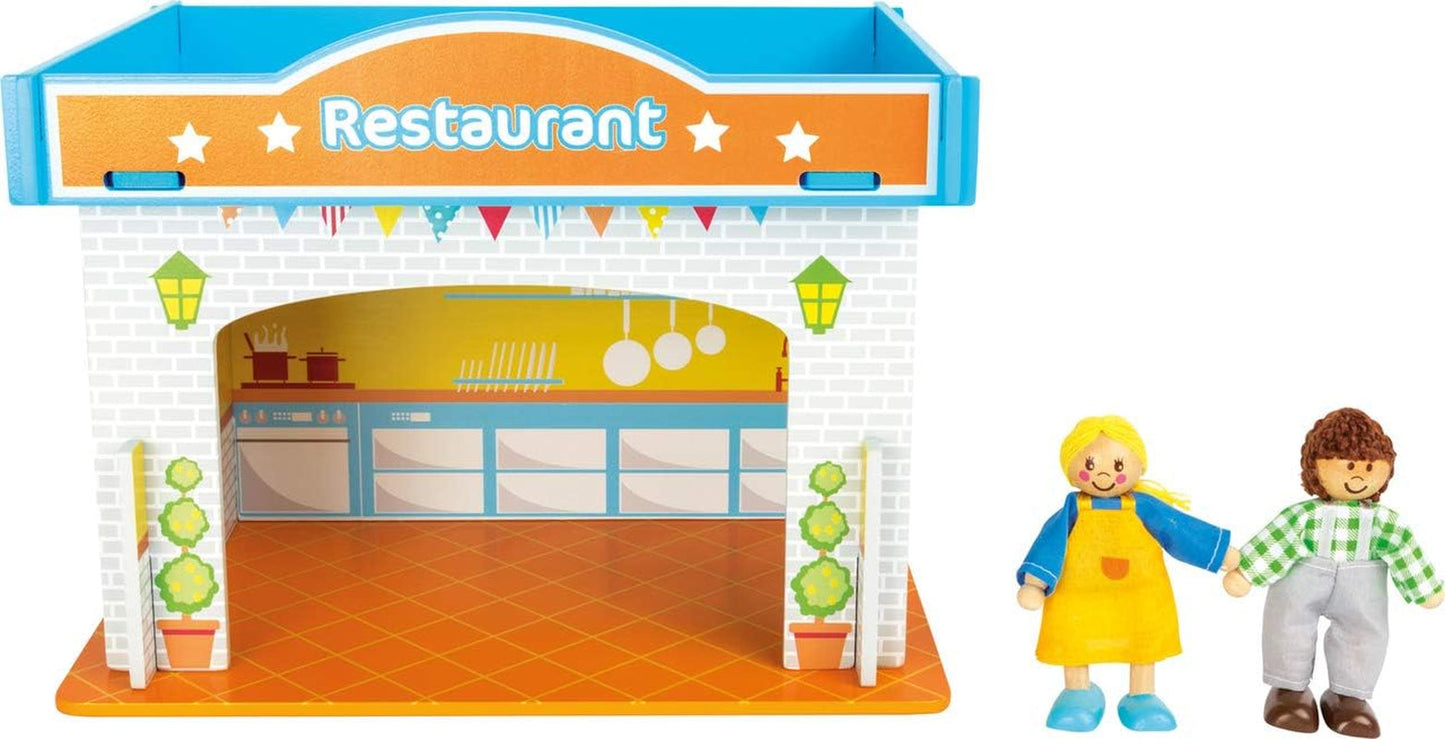 Small Foot 10852 Spielhaus Restaurant aus Holz, mit 2 Puppenfiguren, Zubehör und abnehmbarem Dach, ab 3 Jahren Naty Shop Puppenhäuser