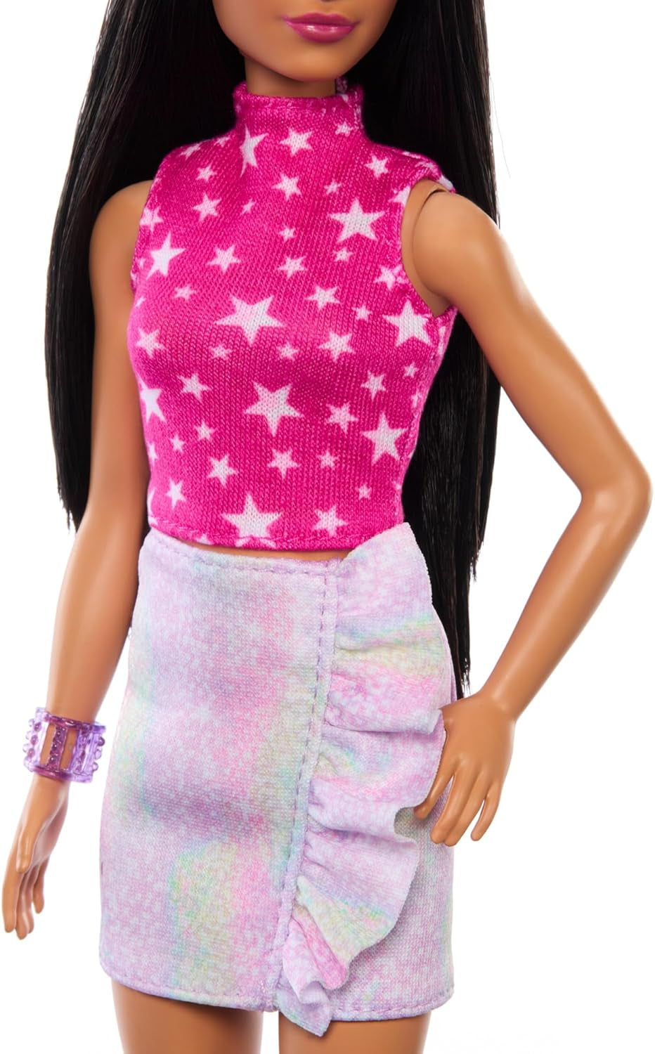 Barbie Fashionistas Puppe Nr. 215 mit glattem schwarzem Haar, rosafarbener Bluse mit Sternenmuster und schillerndem Rock, Modepuppe zum 65-jährigen Jubiläum, HRH13