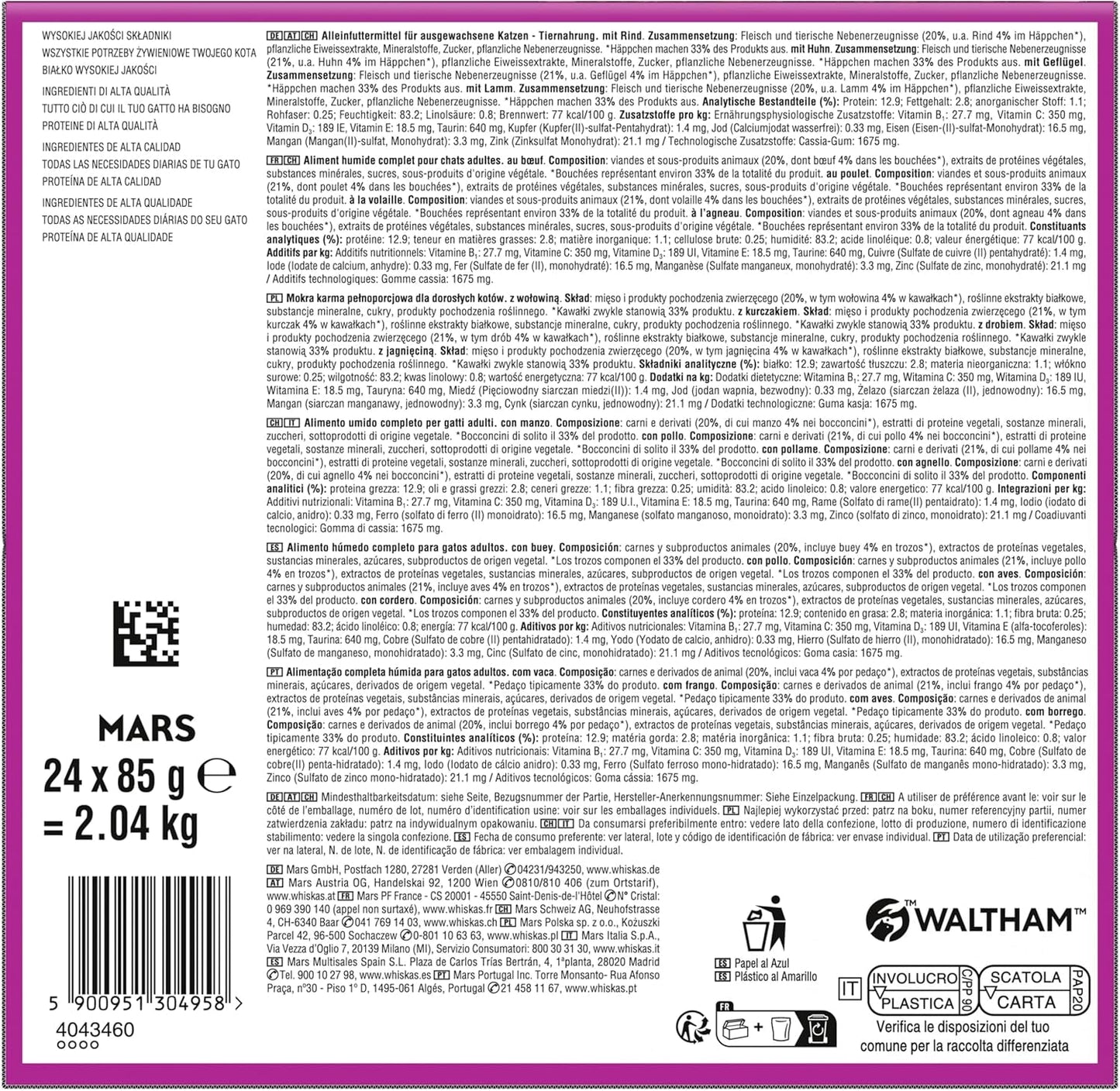 WHISKAS PURE DELIGHT Nassfutter in Gelee 24 x 85g Classic Ragout (4 Packungen) 48 Portionsbeutel