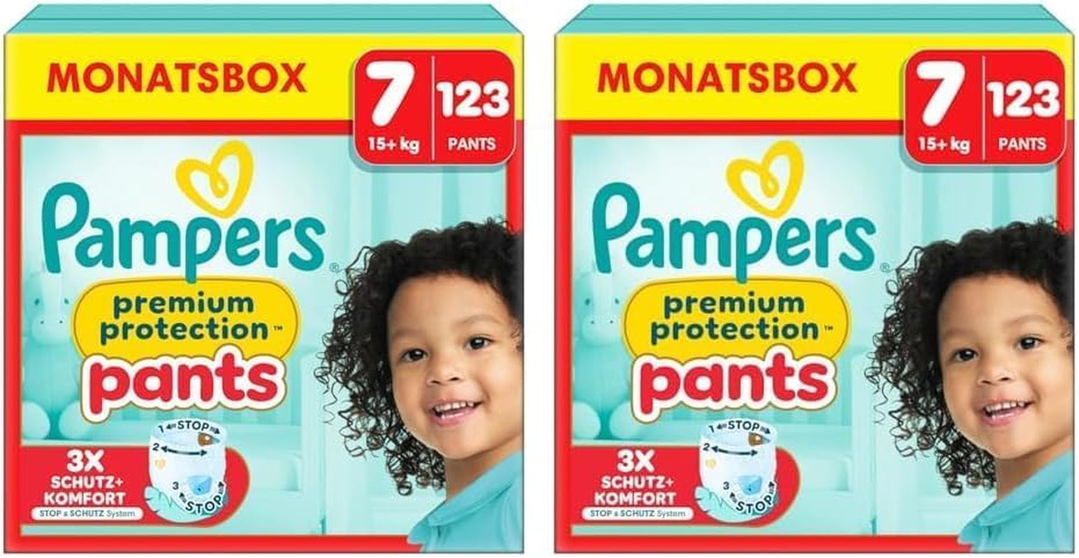 Pampers Premium Protection Pants Größe 7, 123 Windeln, 15 kg+, mit 360°-Anpassung und weichen Anti-Leck-Bündchen für optimalen Komfort und Schutz