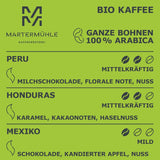 Martermühle Bio-Kaffeebohnen-Probierset 3x250g leicht/mittelstark I Arabica I Ganze Bio-Kaffeebohnen leicht geröstet, geringer Säuregehalt (68/74/426)