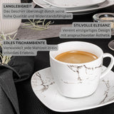 SANGER | Bilgola Marmor-Geschirr-Set, 36-teilig, für 6 Personen, mit Speisetellern, Desserttellern, Suma-Tellern, Müslischalen, Kaffeetellern und Porzellan-Untertassen, quadratisch | DIE PREMIUM-KOLLEKTION