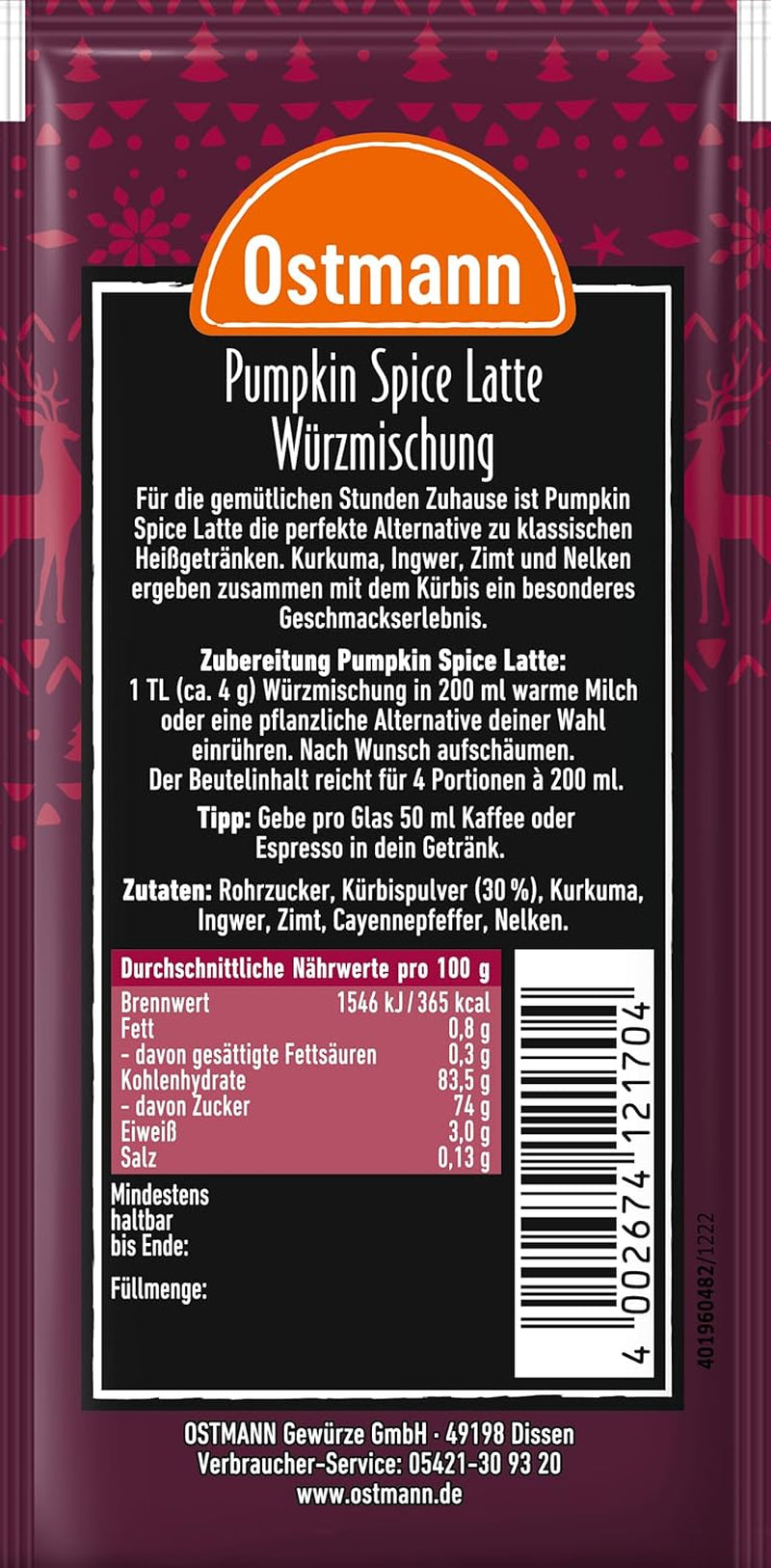 Ostmann Gewürze – Pumpkin Spice Latte Würzmischung, zum Einrühren in Milch mit Kaffee oder Espresso, mit Kürbispulver, 16 g im Beutel (Verpackungsdesign kann abweichen)