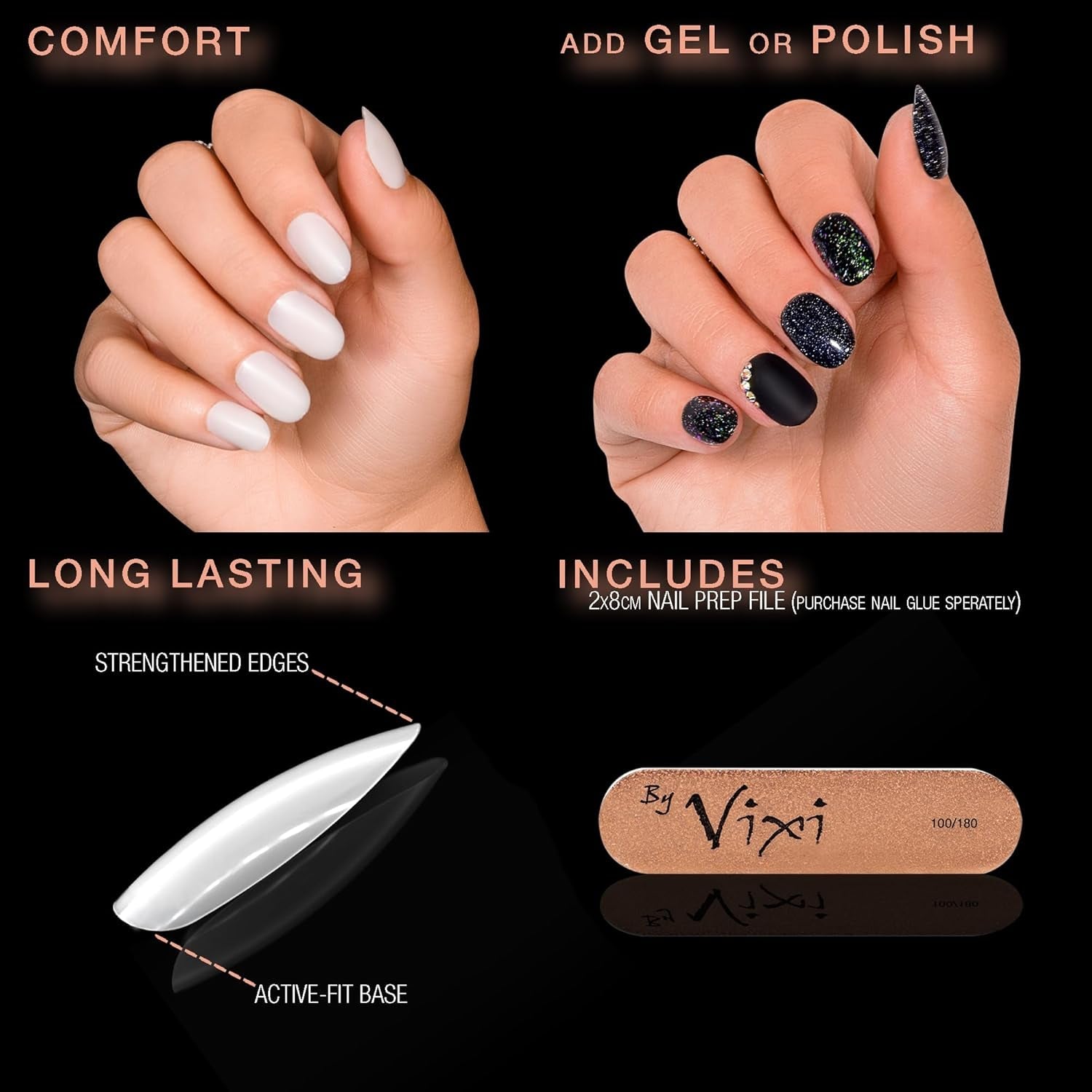 Vixi 600 kurze ovale Nagelverlängerungen mit Vorbereitungsfeile, 10 Größen – vollständige Abdeckung, undurchsichtig. Für Profis und den Heimgebrauch.