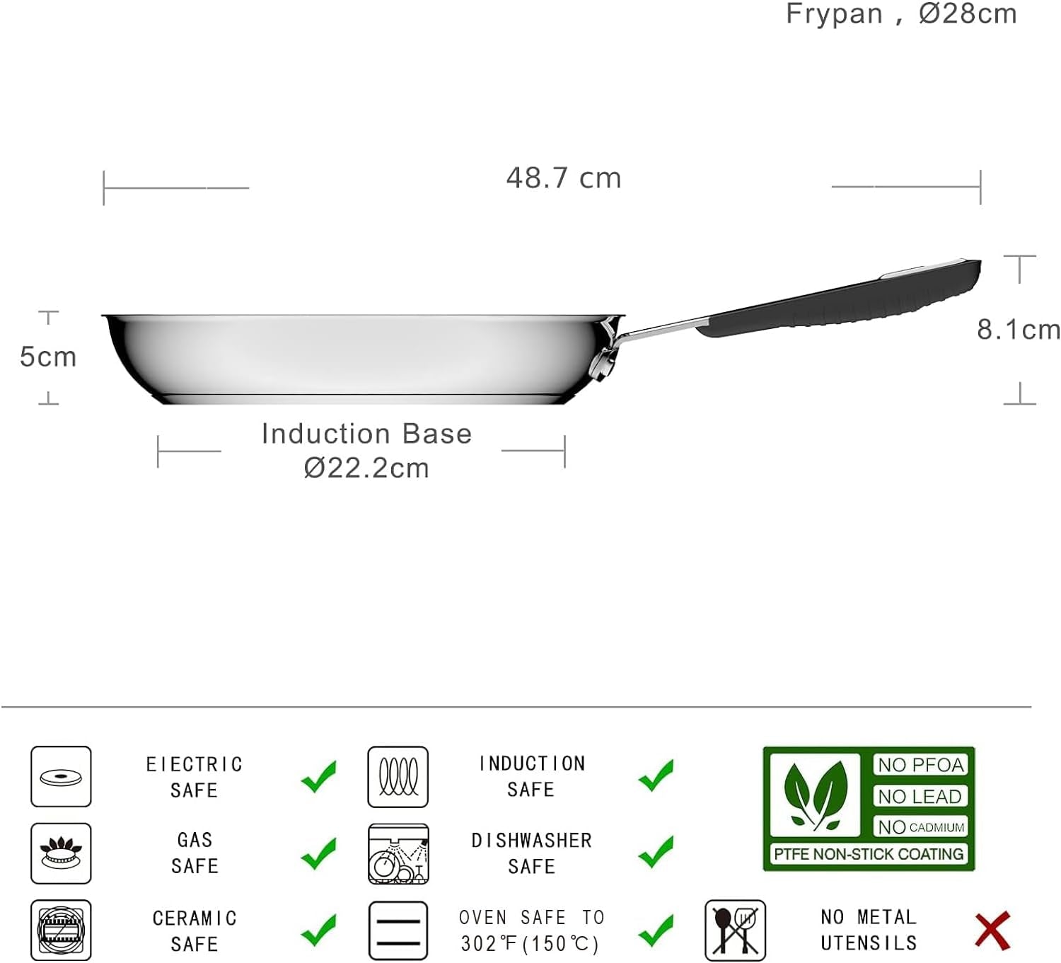 Edelstahlpfanne mit Antihaftbeschichtung – induktionsgeeignet, mit komfortablem Griff – 28 cm Töpfe und Pfannen Naty Shop