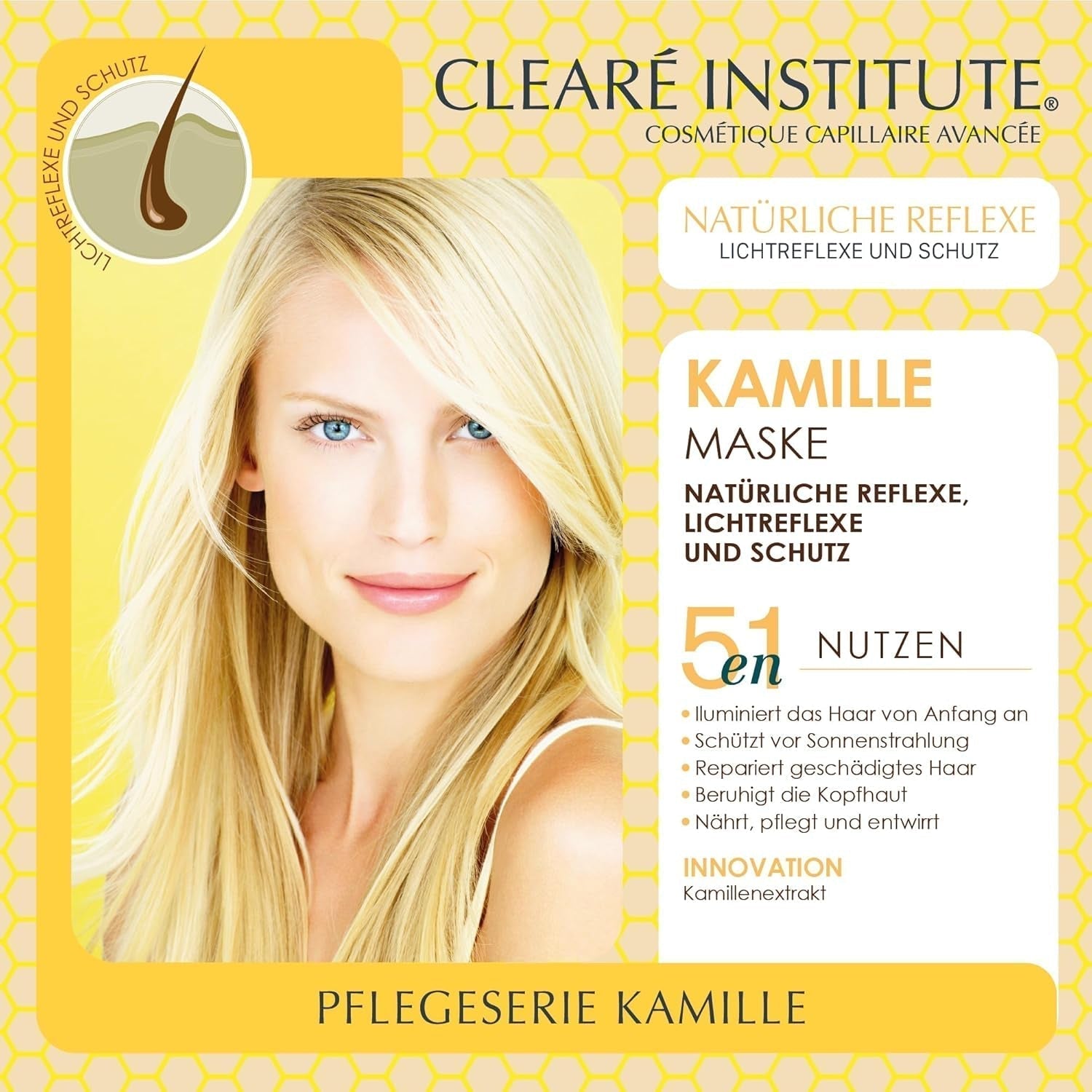 Clearé-Institut | Kamillenmaske | Pflegt, pflegt und entwirrt | Goldener Glanz und Glanz | 97 % natürliche Inhaltsstoffe | Beruhigt die Kopfhaut. Mit Kamillenextrakt | 150 ml Naty Shop Haarmaske