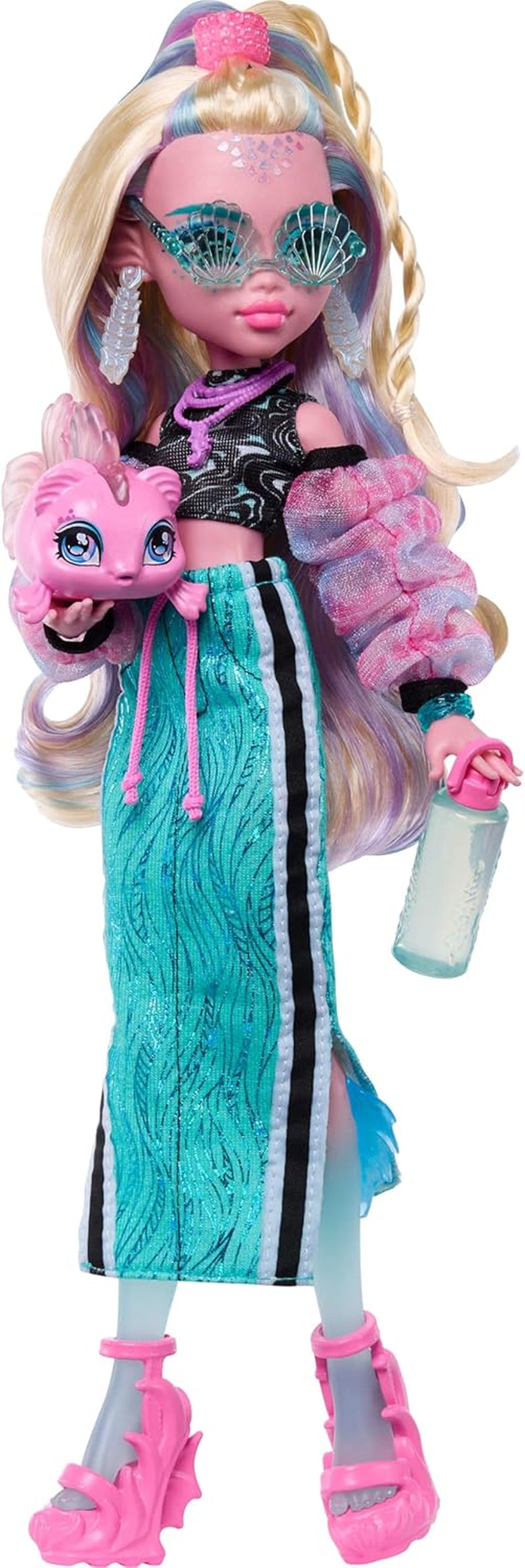 Monster High Lagoona Blue Neptuna Fish Short Top und Sport-Maxirock-Puppe mit 7 Accessoires, darunter Muschel-Sonnenbrille, Snack und Tasche, JHK33