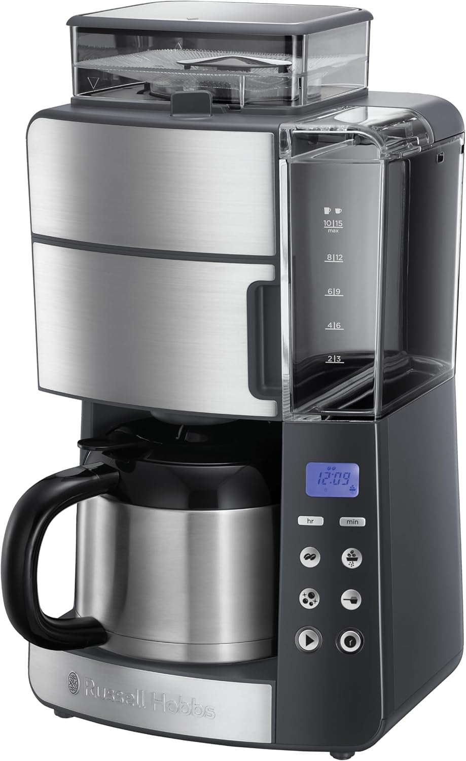Russell Hobbs Kaffeemaschine mit Mahlwerk und Thermokaraffe [Digitaler Timer, Duschkopf für optimale Extraktion und Aroma] Grind&Brew (1–10 Tassen, 3 Mahlgradeinstellungen) Filterkaffeemaschine 25620-56