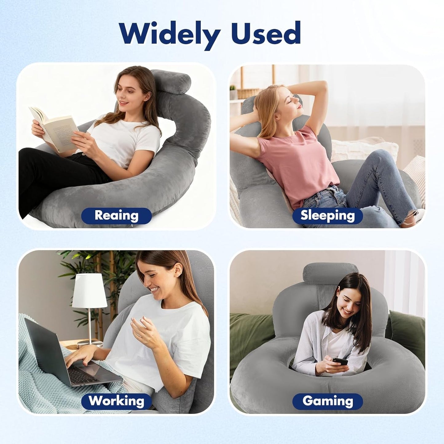 Lesekissen, U-förmiges Rückenkissen mit Nackenkissen, graues Gaming-Kissen, Kissen zum Lesen, Spielen, Arbeiten, Ausruhen