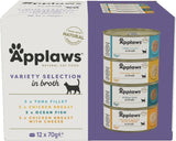 Applaws 100 % natürliches Premium-Nassfutter für ausgewachsene Katzen in Brühe – Thunfisch, Huhn, Meeresfrüchte, gemischte Auswahl in Brühe – Packung mit 12 Dosen x 70 g