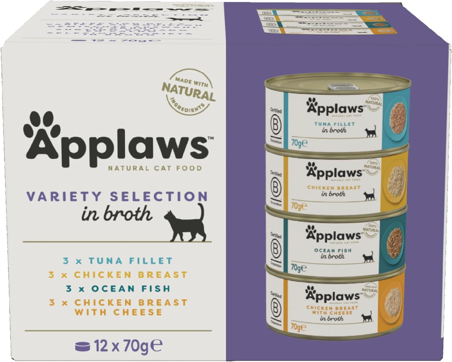 Applaws 100 % natürliches Premium-Nassfutter für ausgewachsene Katzen in Brühe – Thunfisch, Huhn, Meeresfrüchte, gemischte Auswahl in Brühe – Packung mit 12 Dosen x 70 g