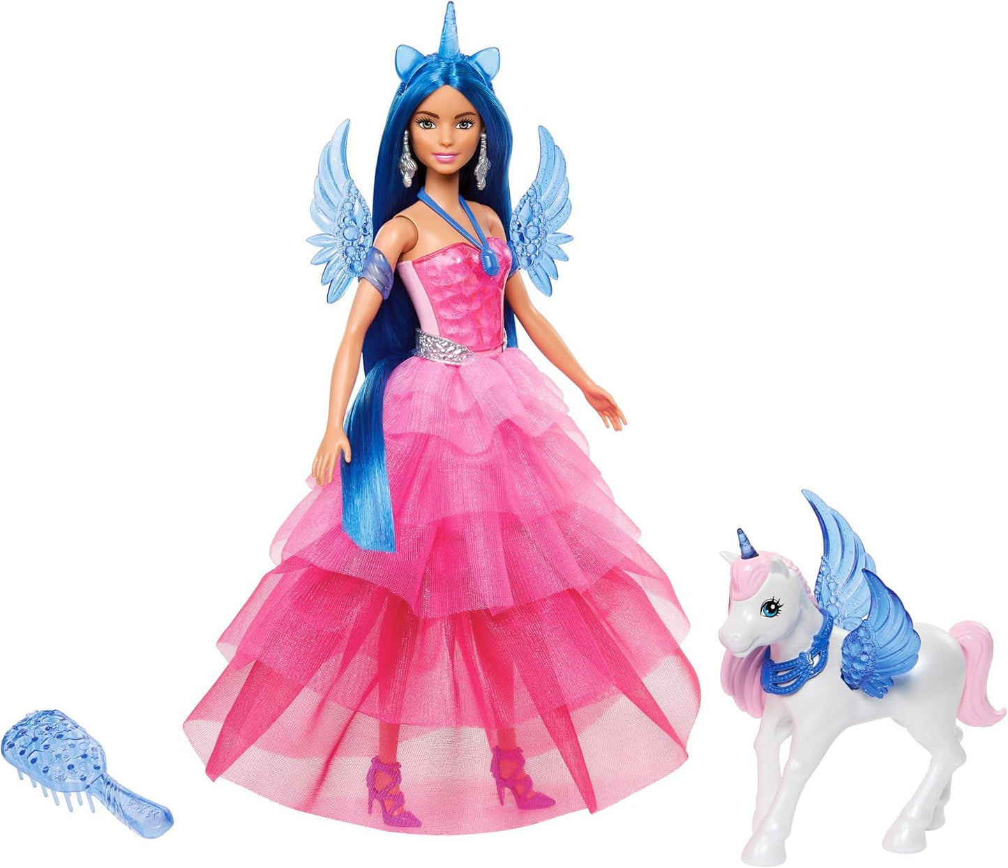Barbie Hidden Magic – Einhorn-Puppe, rosa Kleid mit saphirblauen Details, Einhorn-Stirnband, abnehmbare Saphir-Flügel und Schwanz, ab 3 Jahren, HRR16