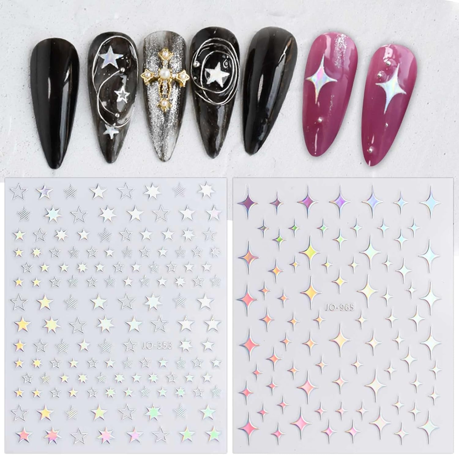 JMEOWIO Nagelsticker Aurora Holografisch 9 Blatt Nagelaufkleber Selbstklebend Herz-Flamme Spielt Schmetterlings-Mond Die Steuern Nail Art Sticker Dekoration Nageldesign Zubehör