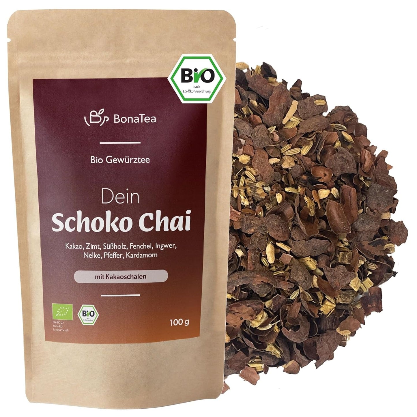 BIO Schoko Chai Gewürztee ohne Zucker, mit Kakaofrüchten, Zimt, Lakritze und anderen aromatischen Chai-Gewürzen, 100 g