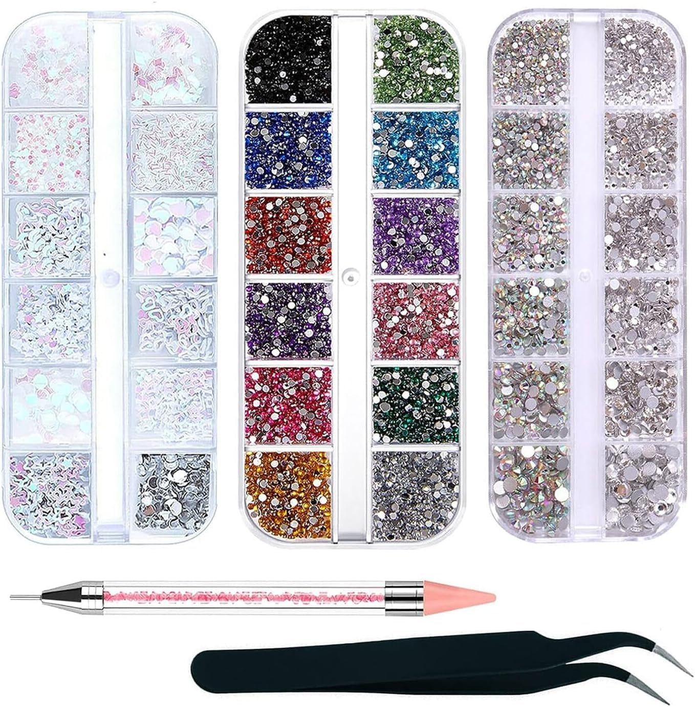 4200 Stück Nail Art-Strasssteine, 36 Farben Glitzersteine, Nageldekorationssteine ​​für Nail Art-Zubehör und Strasssteine, klarer Kristall, mit Strass-Auswahlpinzette und Ritzstift