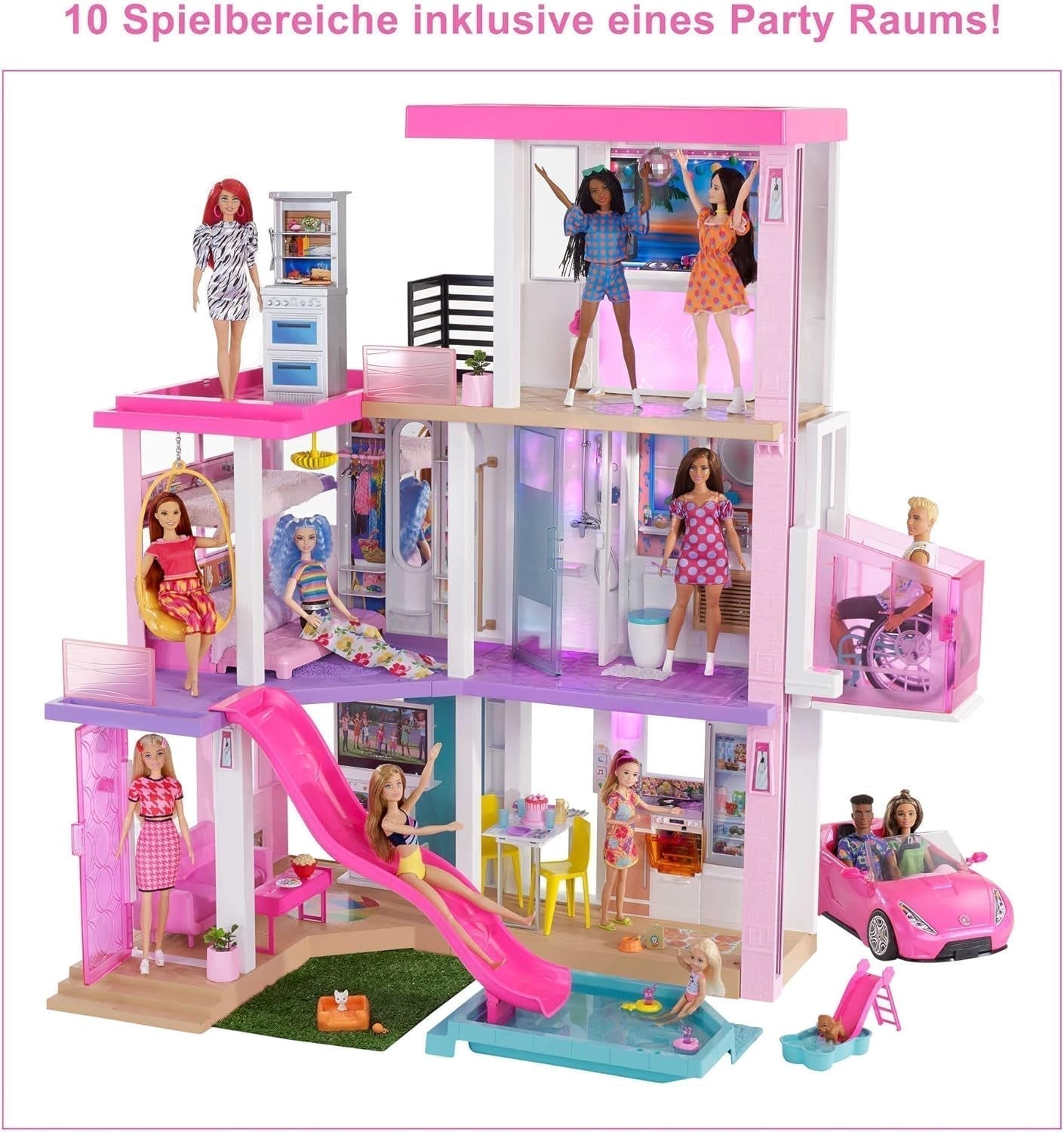 Barbie Dream House (114 cm), 3-stöckiges Puppenhaus, Pool, Rutsche, Rollstuhllift, 75 Zubehörteile, Puppen, geeignet als Geschenk für Kinder ab 3 Jahren, GRG93 Naty Shop Puppenhäuser