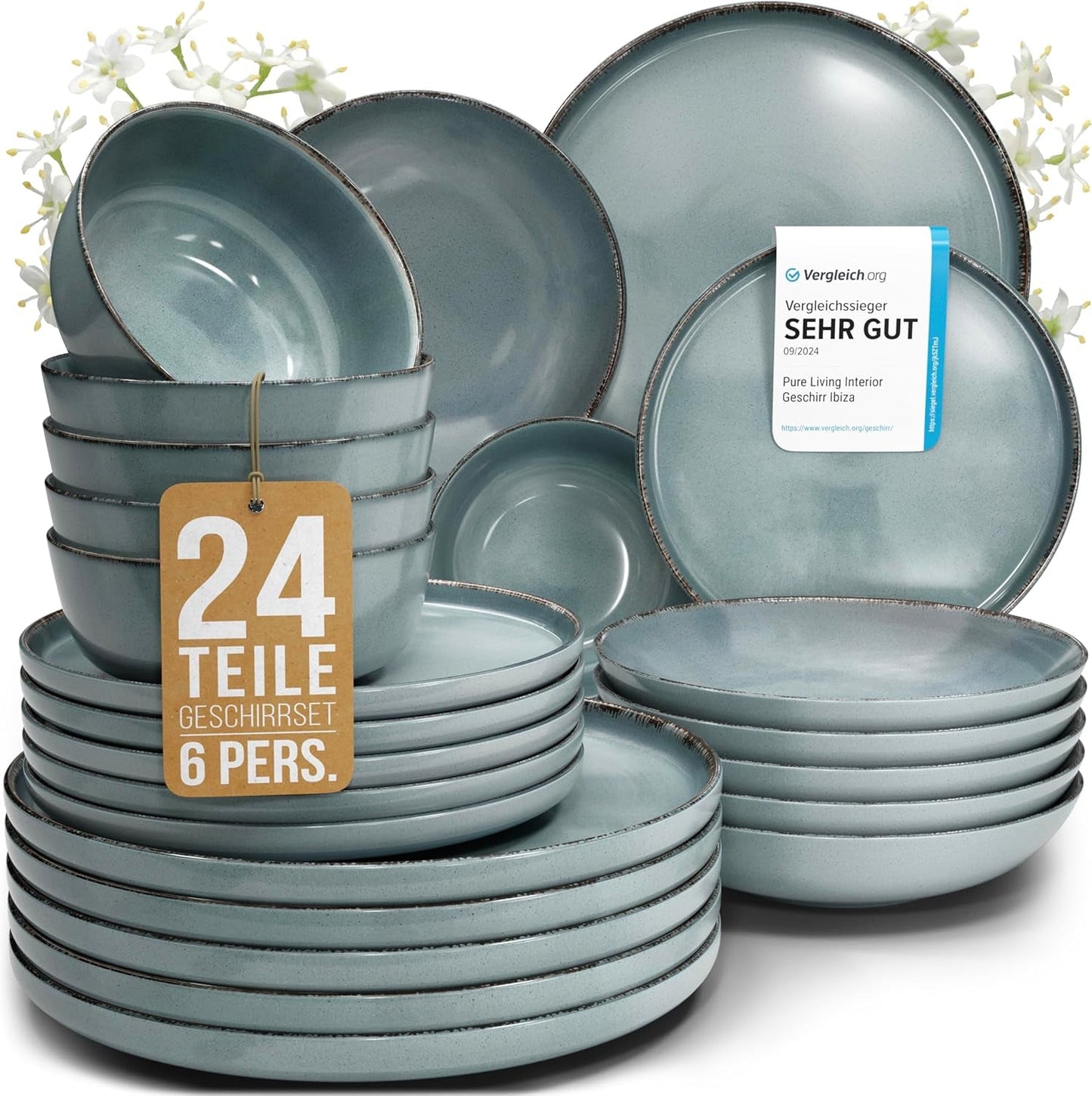 Steingut Geschirrset 6 Personen Rustikal 24 tlg. TESTSIEGER, Hochwertiges Landhausstil Steingut Geschirr Set, Schüssel- und Teller Set, Tafelservice 6 Personen, Geschirrsets Pure Living in Rauchblau