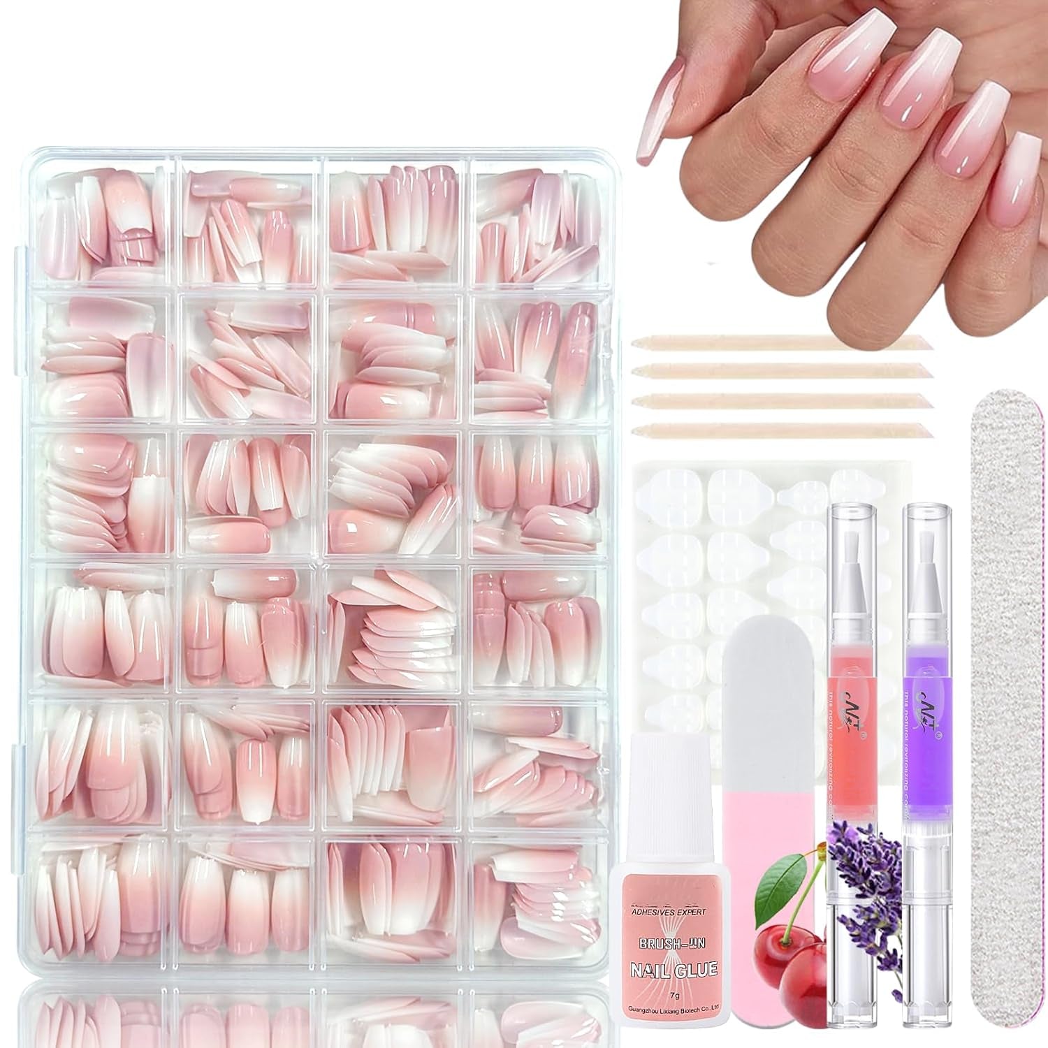 360-teiliges Ballerina-Kunstnägel-Set mit Farbverlauf, rosa-weißer Farbverlauf zum Aufkleben, künstliche Nägel mit 2 Nagelölstiften, mittlere künstliche Nägel im Ombré-Stil für Frauen zum Selbermachen