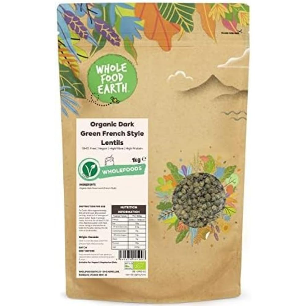 Wholefood Earth Bio-Dunkelgrüne Linsen nach französischer Art 1 kg gentechnikfrei | Vegan | Reich an Ballaststoffen | Reich an Protein | Bio-zertifiziert