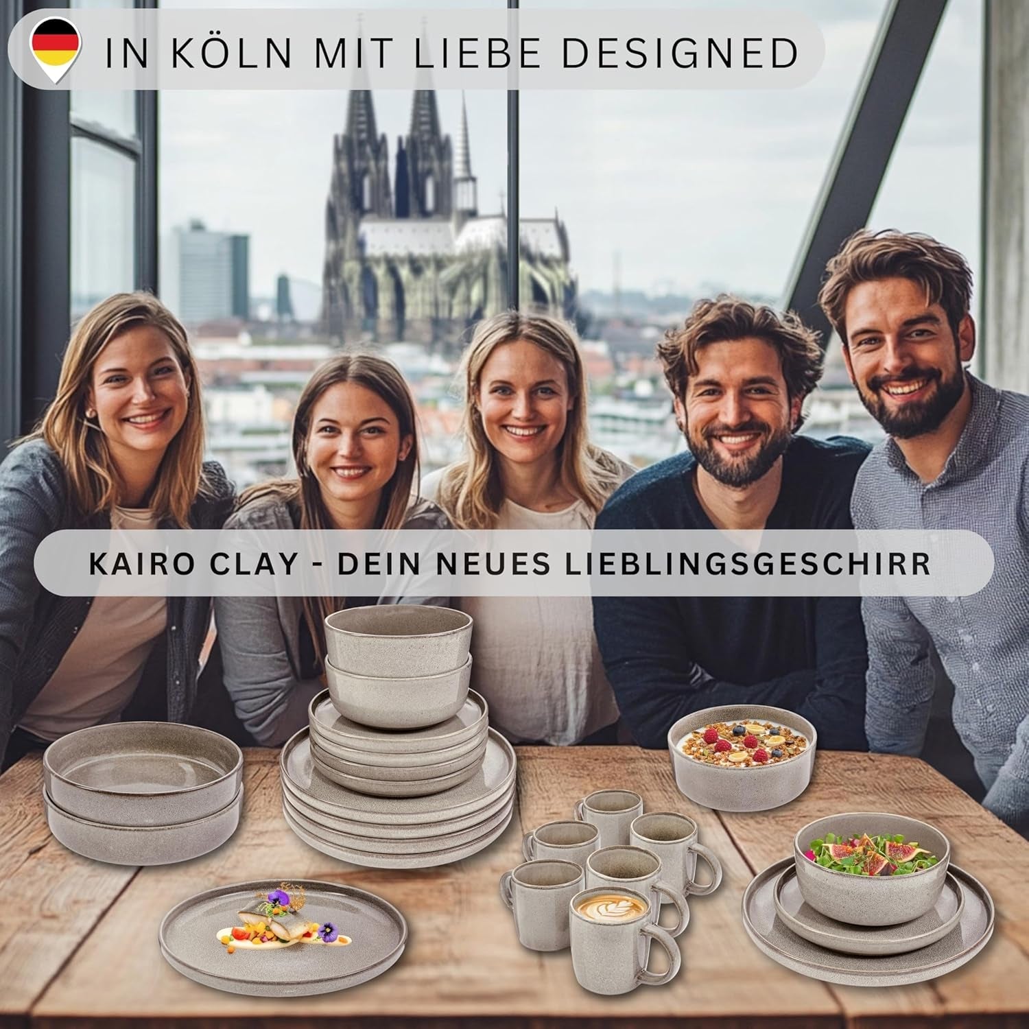 SÄNGER Cairo Clay | 24-teiliges Geschirrset, Steinzeug-Geschirrset für 6 Personen, 6 Teller, 6 Dessertteller, 6 Nudelschalen, 6 Servierschüsseln, graues Geschirrset | DIE VALUE-KOLLEKTION