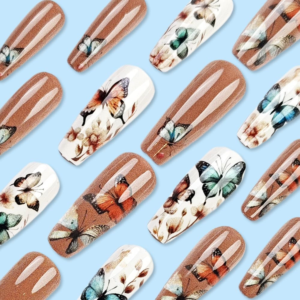 24 Stück lange Nägel zum Aufdrücken, Sarg, künstliche Nägel, Schmetterlingsblume, selbstklebende Nägel, weiß, braun, Acryl-Nagelset, Nagelspitzen, Damen, Frühling, Sommer, Nagelzubehör
