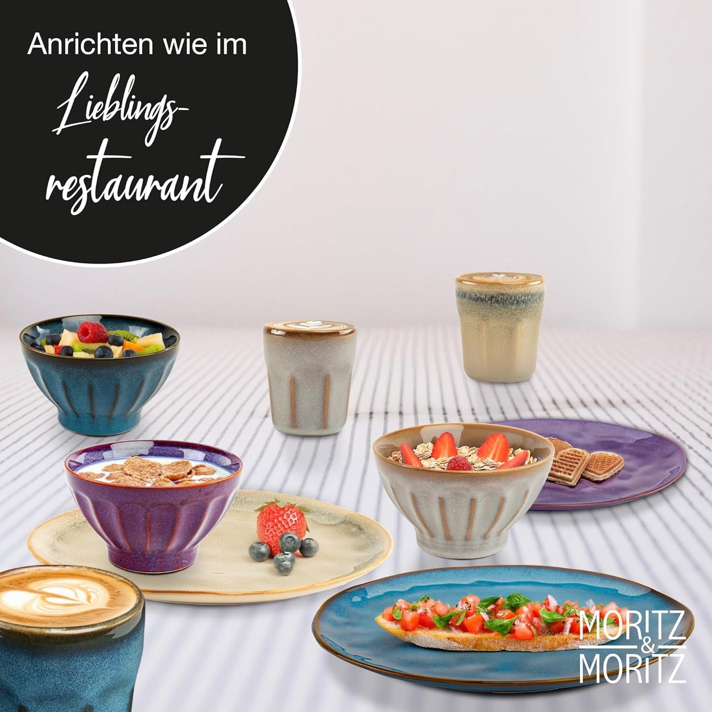 Moritz & Moritz COPA 16-tlg Geschirrset 4 Personen - Elegantes Teller Set aus hochstehendem Steinzeug - Geschirr Set 4 Personen aus je 4x Dinnerteller, Dessertteller, Müslischale & Kaffeebecher