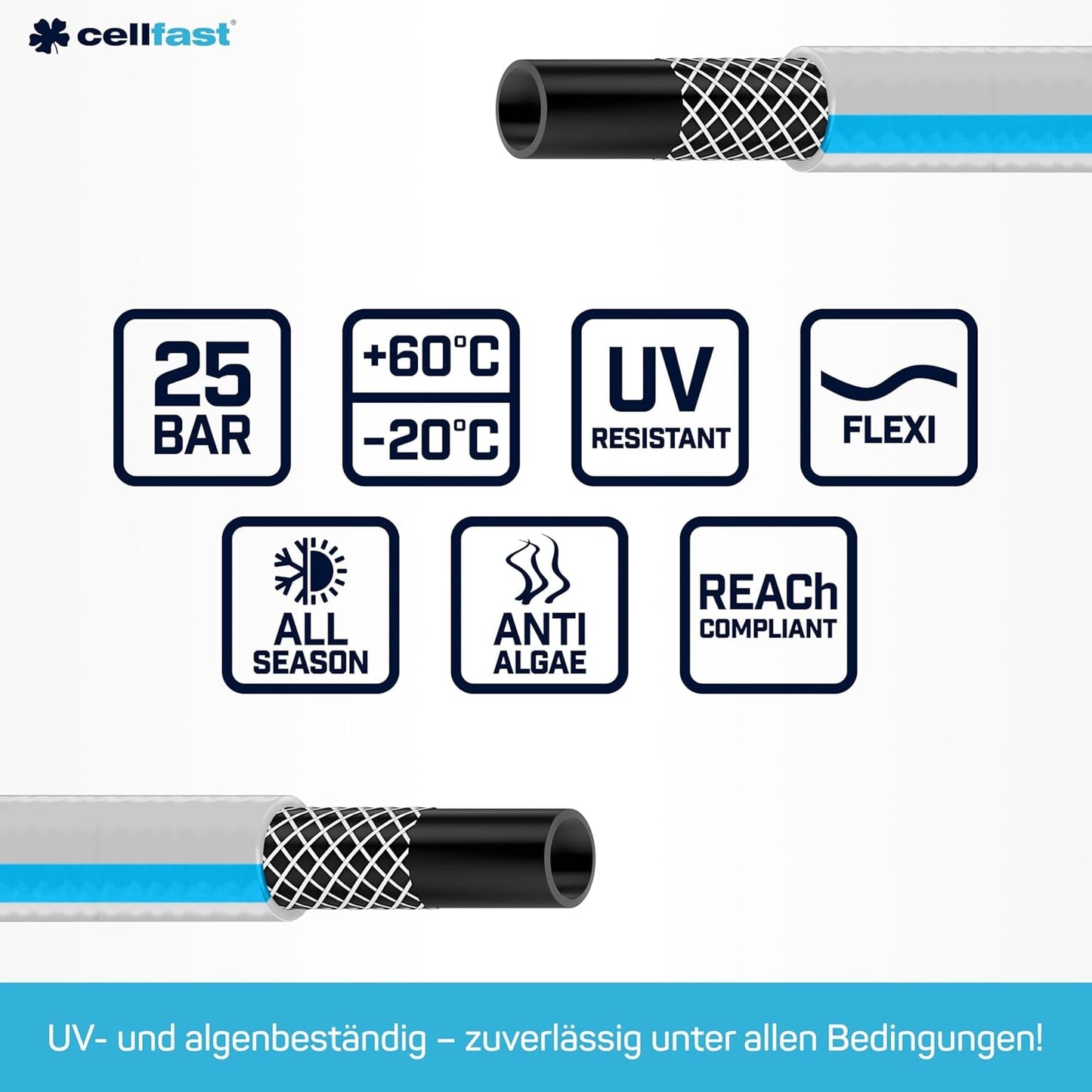 CELLFAST Gartenschlauch, 3-lagiger Gartenwasserschlauch, langlebiger drahtverstärkter, flexibler Bewässerungsschlauch, UV-beständig, Anti-Algen, 3,4 Zoll, 20 Meter Länge