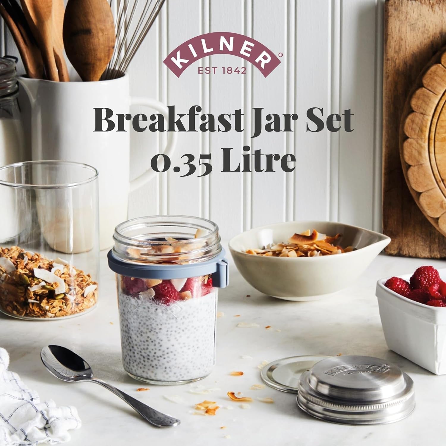 Kilner Frühstücksglas mit Löffel / 350 ml, Ø 9,5 cm / 5 Stück | Müslibecher zum Mitnehmen / ungiftig / Glasbehälter mit Deckel für Müsli, Porridge und Joghurt / Overnight-Oats-Behälter Naty Shop Lebensmittelaufbewahrungsboxen