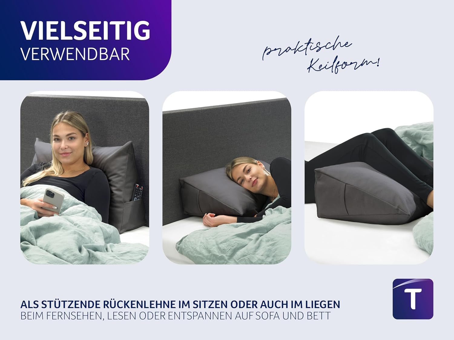 Lesekissen Traumnacht Kuscheliges Rückenkissen, 70 x 40 cm dunkelgrau, abnehmbarer und waschbarer Bezug aus 100 % Polyester, praktische Seitentasche, Öko-Tex zertifiziert, nach deutschen Qualitätsstandards produziert