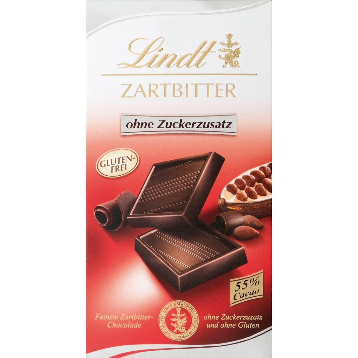 Lindt-Schokolade | Dunkle Schokoladentafel ohne Zuckerzusatz | 100g | Feinste dunkle Schokolade mit 55 % Kakao, ohne Zuckerzusatz und ohne Gluten | Glutenfreier Schokoriegel