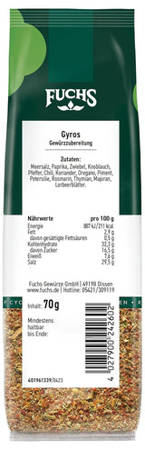 Fuchs Gewürze - Gyros Gewürzzubereitung im recyclebaren Nachfüllbeutel, Gewürzmischung mit ausgewählten Kräutern für Rind und Schweinefleisch - 70 g