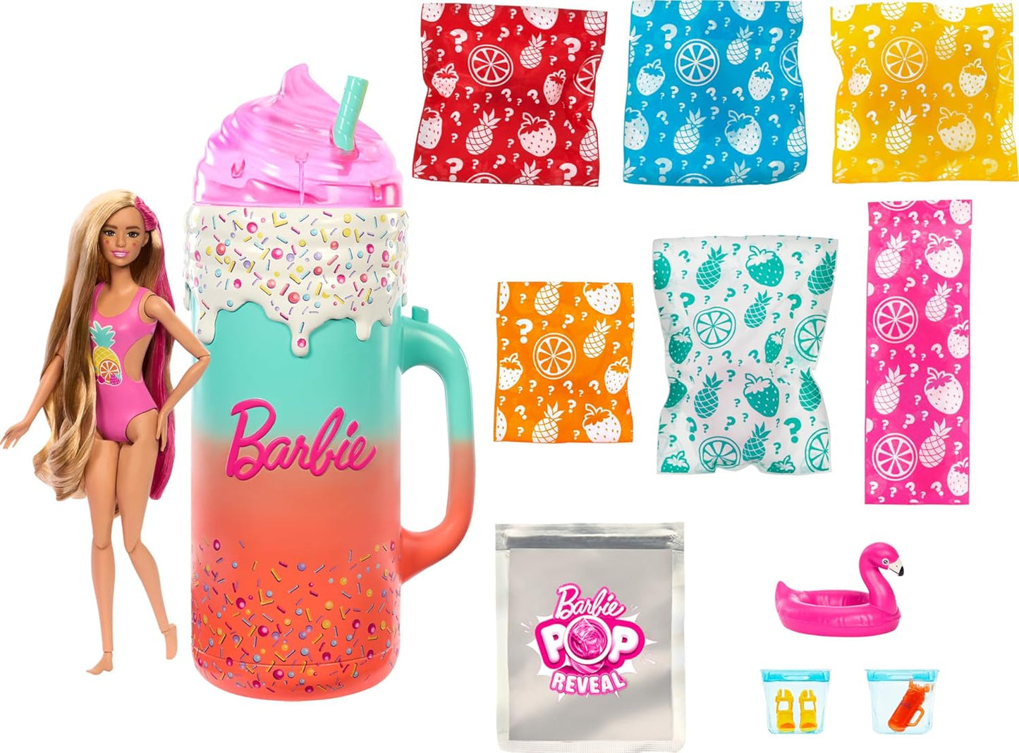 BARBIE Pop Reveal Rise & Surprise Geschenkset – 15+ Überraschungen, darunter 1 Barbie-Puppe, Strandzubehör für spielerischen und fruchtigen Spaß für Kinder ab 3 Jahren, 57 HRK